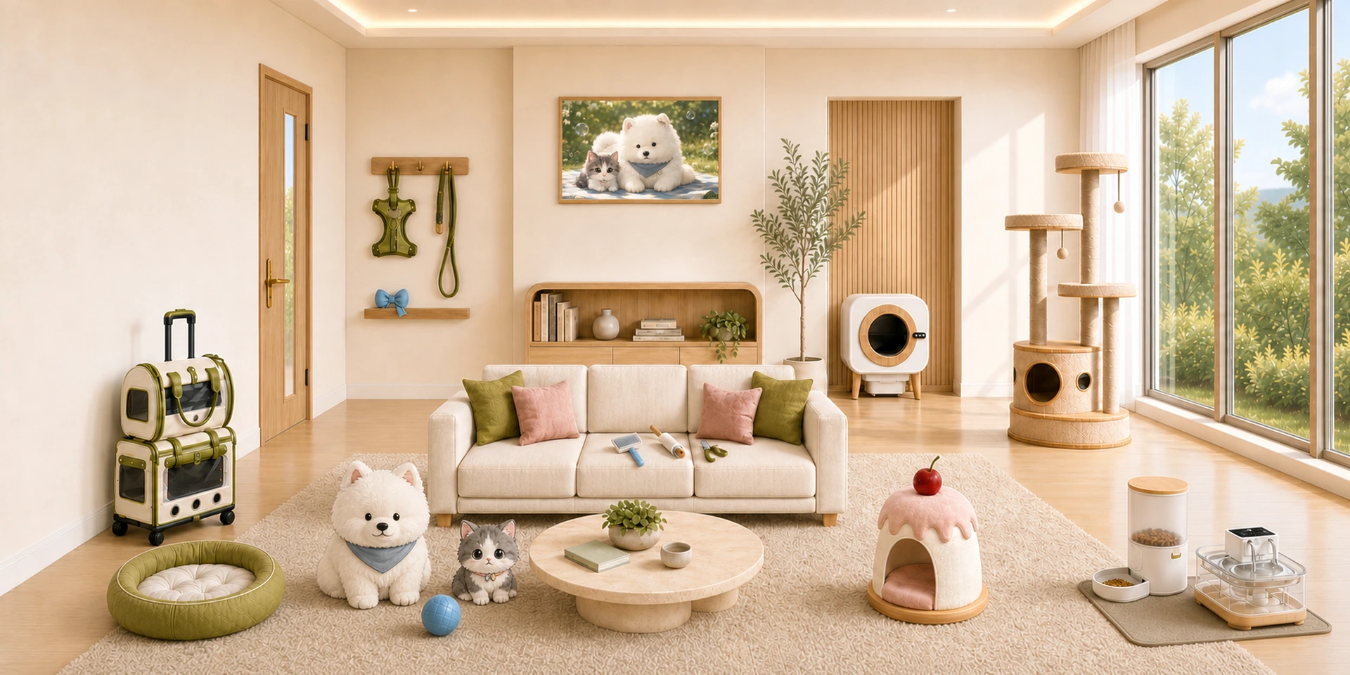 A spacious FuzzPups living room with travel carriers, walk accessories, grooming tools, pet beds, a cat tree, an automatic litter box, a feeder and a water fountain.