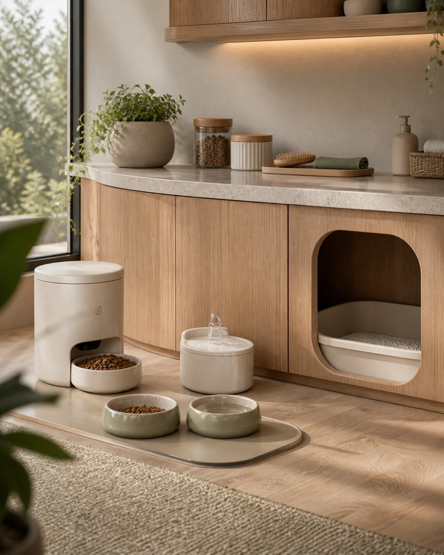 A calm feeding and water station integrated into a warm modern home.