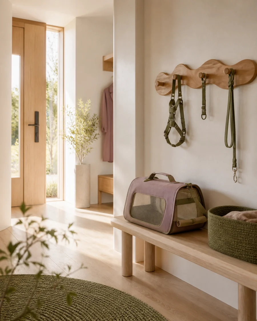 A considered entryway with a harness and lead ready for the next walk.