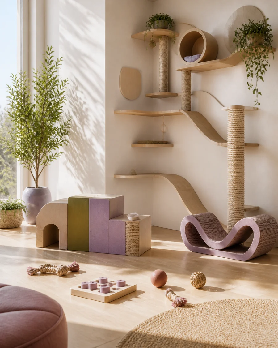 A soft play space with climbing, toys and room for curious pets.