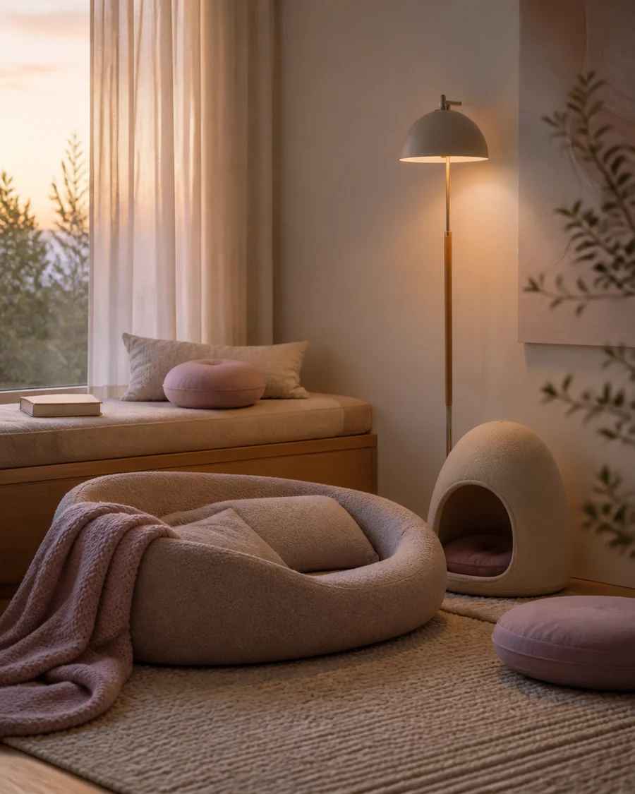 A soft pet bed and quiet resting corner beside a refined cat tree.